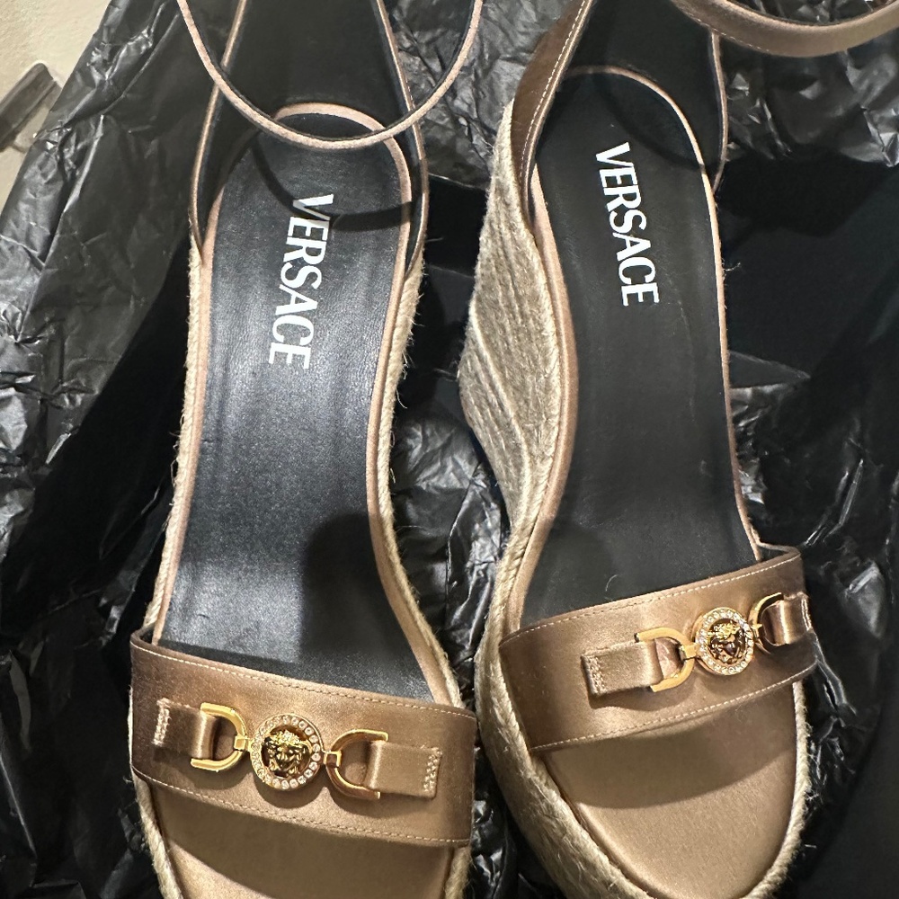 Versace Camel Silk Strap Wedge Espadrille